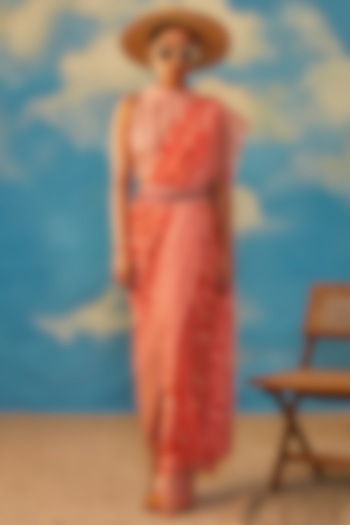 Coral Cotton Lurex & Crepe Printed Party Wear Saree Set by Rishi & Vibhuti at Pernia's Pop Up Shop