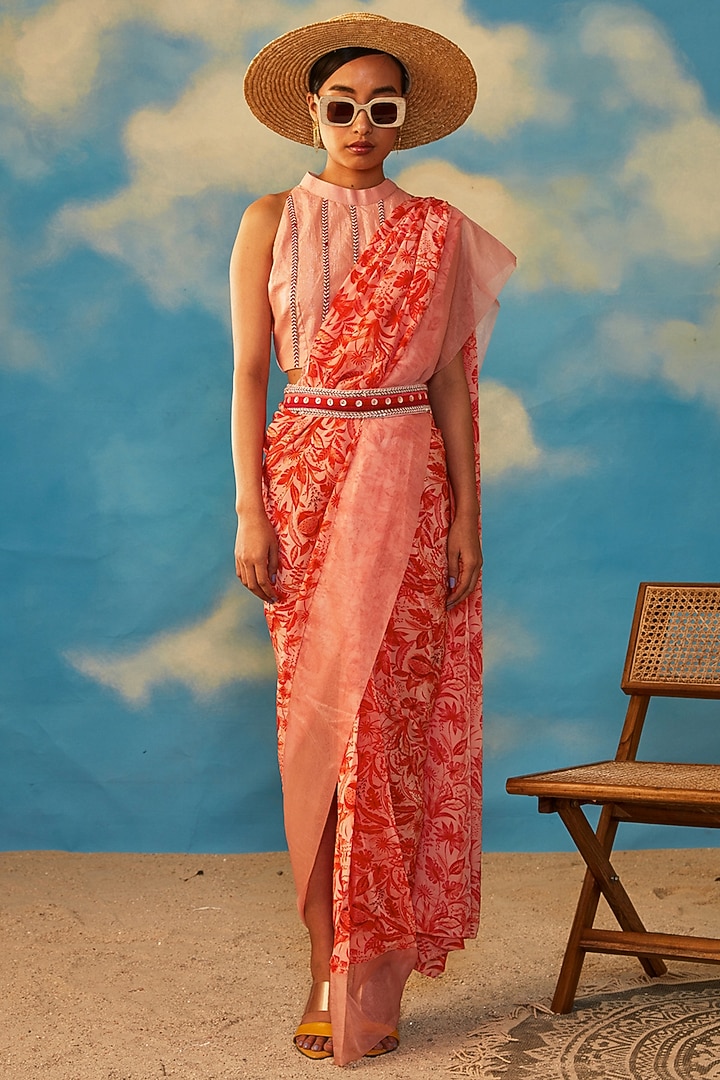 Coral Cotton Lurex & Crepe Printed Party Wear Saree Set by Rishi & Vibhuti at Pernia's Pop Up Shop