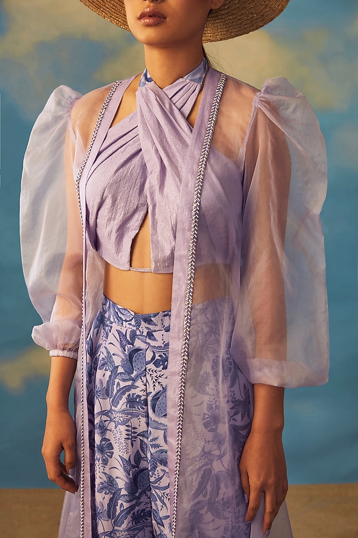 Blue Cotton Lurex & Crepe Embroidered Pant Set by Rishi & Vibhuti at Pernia's Pop Up Shop