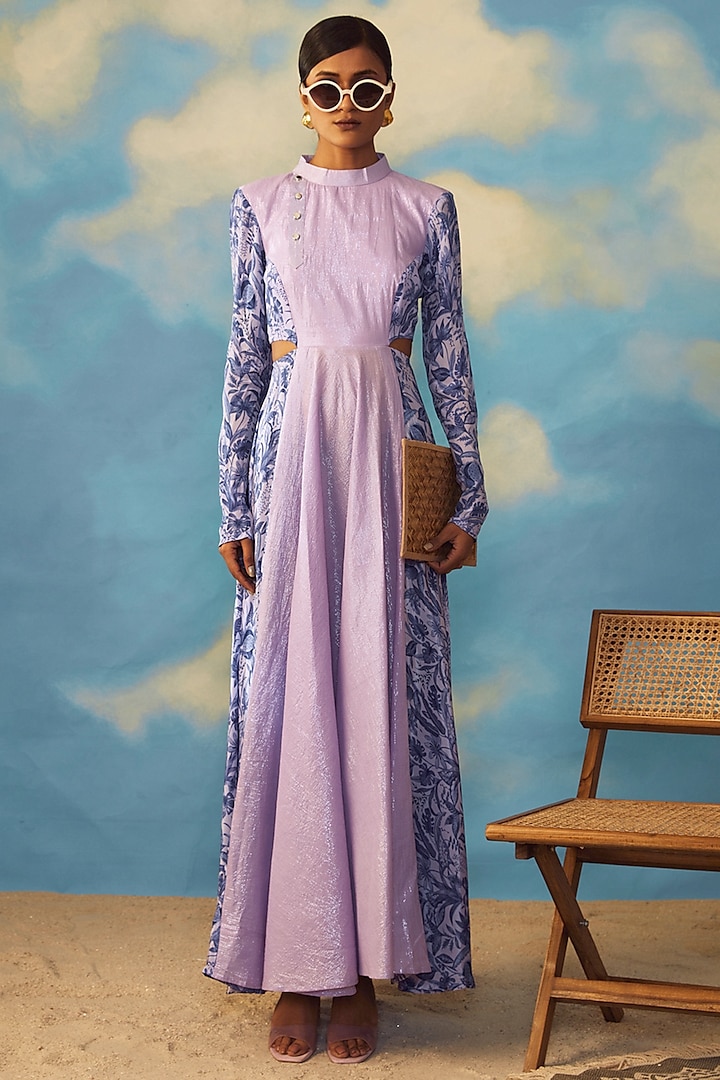 Lilac Cotton Lurex & Crepe Maxi Dress by Rishi & Vibhuti