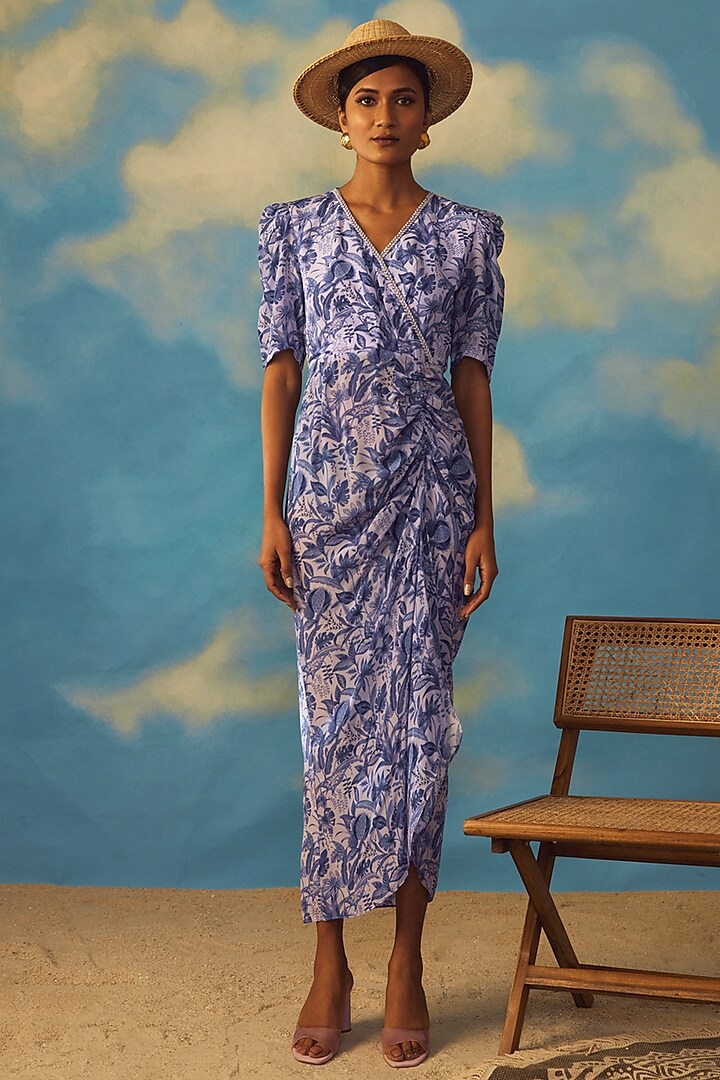 Blue Crepe Cowl Dress by Rishi & Vibhuti