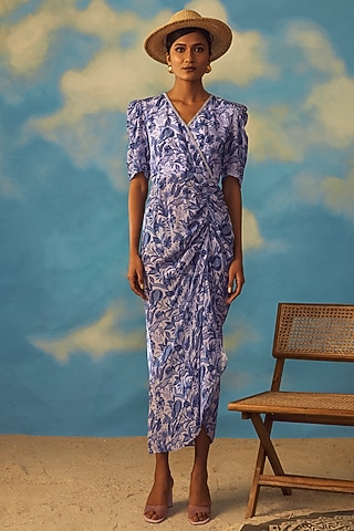 Blue Crepe Cowl Dress by Rishi & Vibhuti