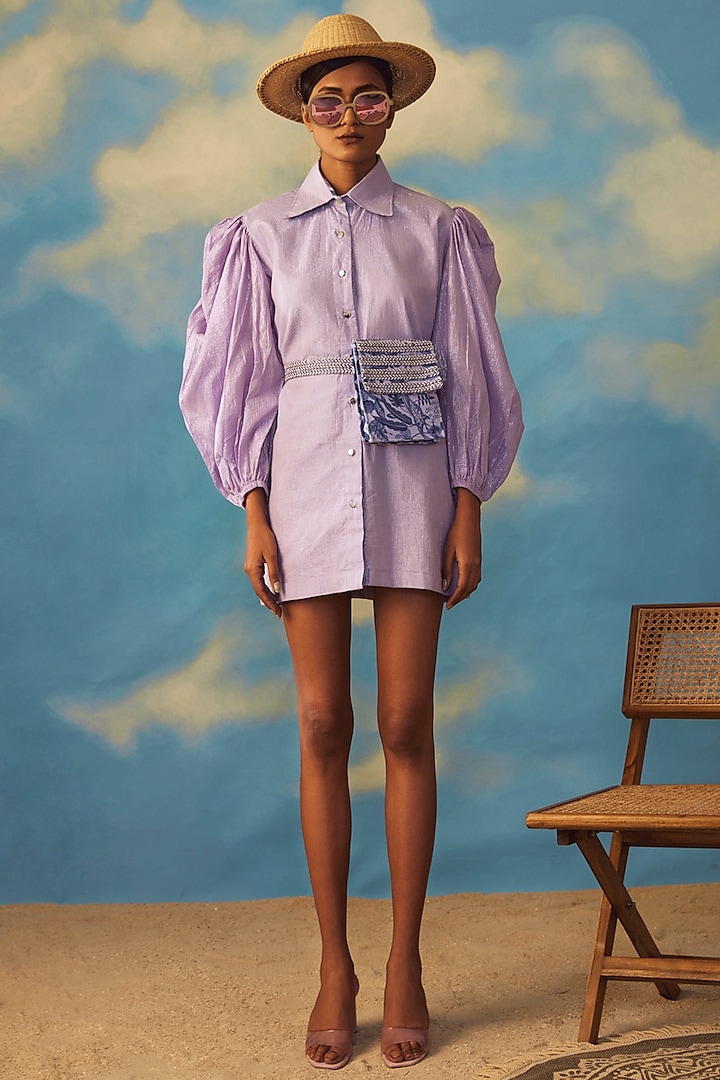 Lilac Cotton Lurex Shirt Dress With Bag by Rishi & Vibhuti at Pernia's Pop Up Shop