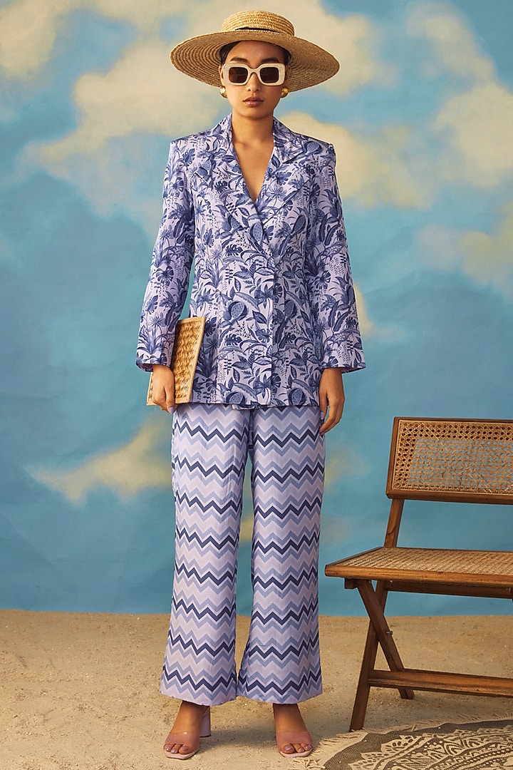 Blue Crepe & Rayon Blazer Set by Rishi & Vibhuti at Pernia's Pop Up Shop