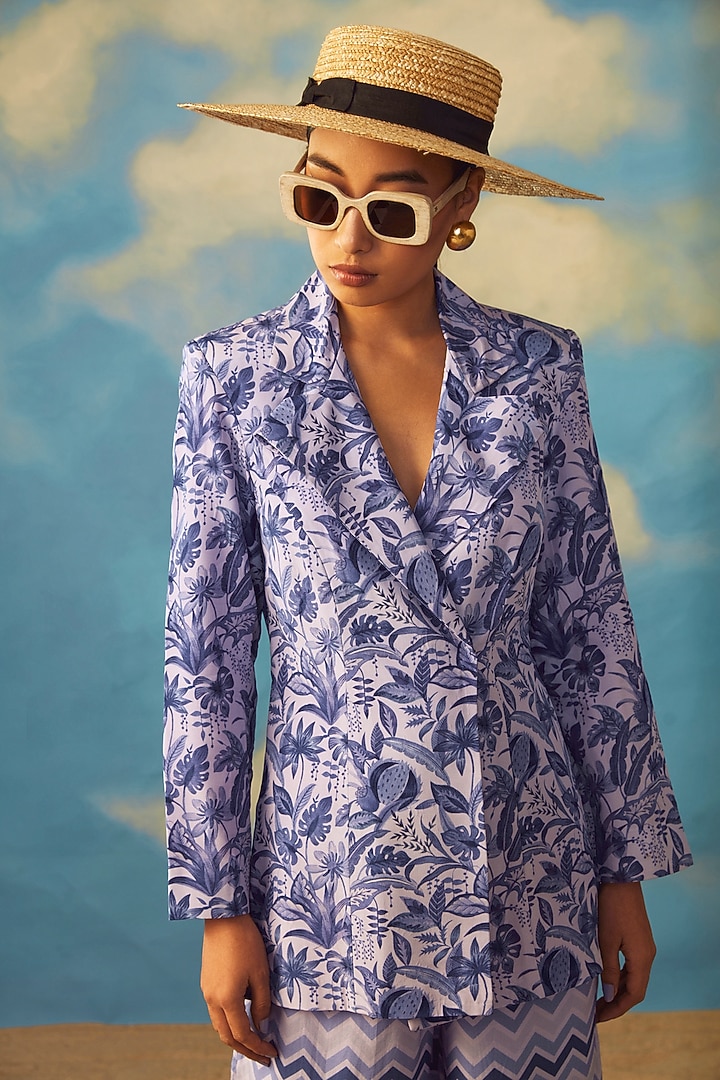 Blue Crepe & Rayon Blazer Set by Rishi & Vibhuti at Pernia's Pop Up Shop