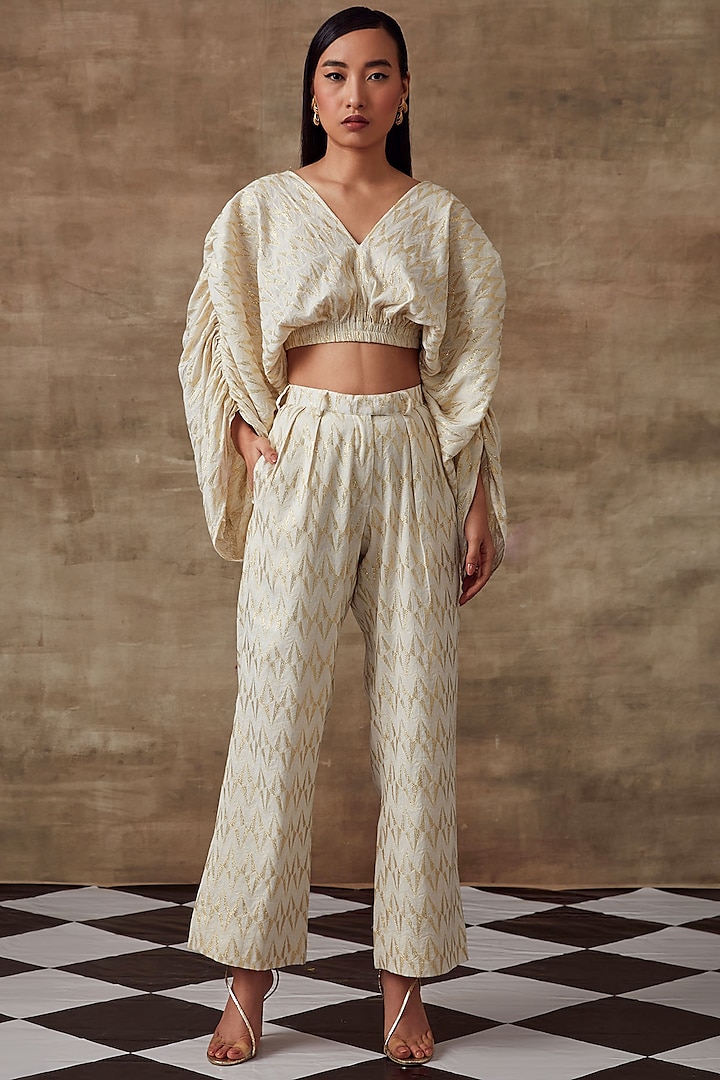 Ivory Organic Cotton Jacquard Pant Set Design by Rishi & Vibhuti at ...