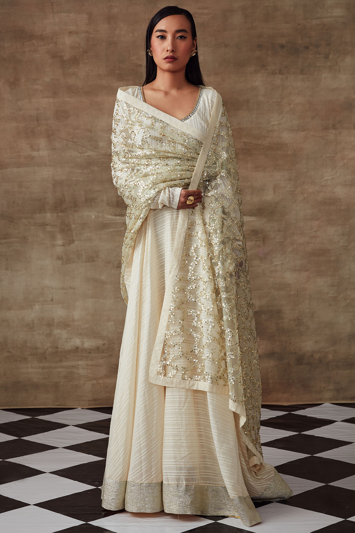 Block Printed Cotton Anarkali Suit in Off White : KBNQ4371