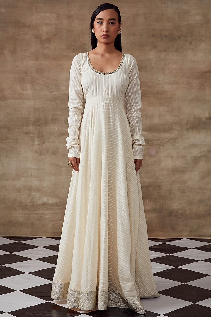 Ivory Organic Cotton Kalidar Party Wear Anarkali Set by Rishi & Vibhuti at Pernia's Pop Up Shop