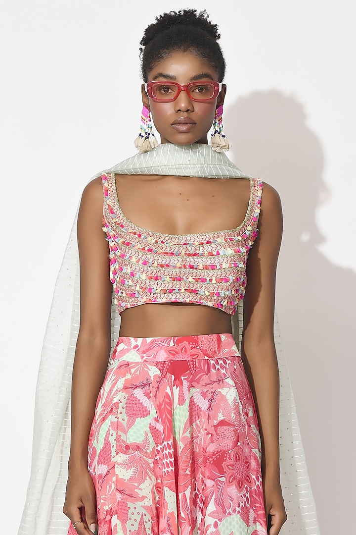 Mint Green & Dusty Rose Crepe Cutwork Embroidered Wedding Lehenga Set by Rishi & Vibhuti at Pernia's Pop Up Shop