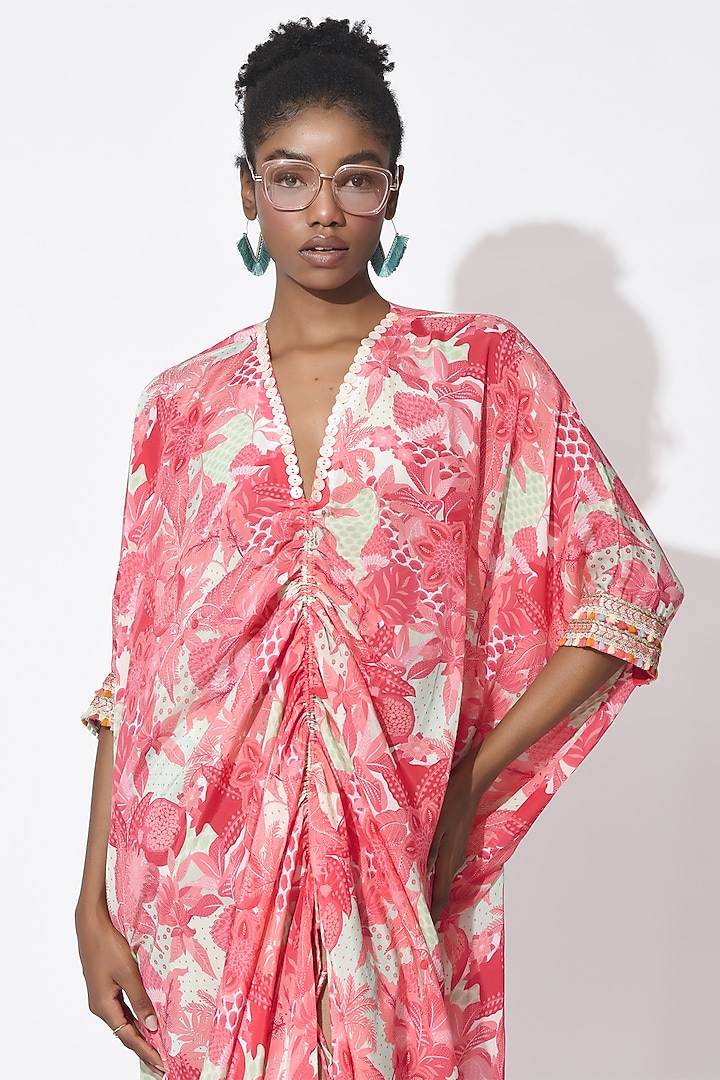 Mint Green & Dusty Rose Crepe Cutwork Kaftan by Rishi & Vibhuti at Pernia's Pop Up Shop