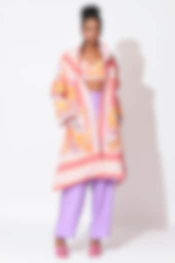 Lavender & Orange Crepe Hand Embellished Trench Coat Set by Rishi & Vibhuti