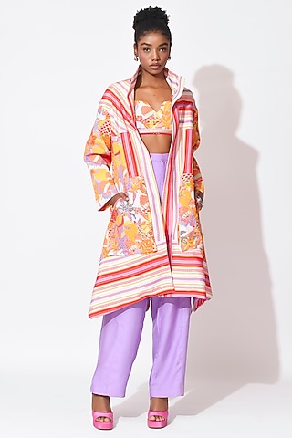 Lavender & Orange Crepe Hand Embellished Trench Coat Set by Rishi & Vibhuti
