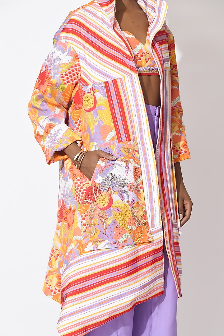 Lavender & Orange Crepe Hand Embellished Trench Coat Set by Rishi & Vibhuti at Pernia's Pop Up Shop