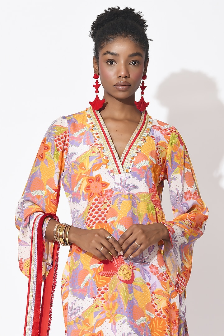 Lavender & Orange Crepe Cutwork Kurta Set by Rishi & Vibhuti at Pernia's Pop Up Shop