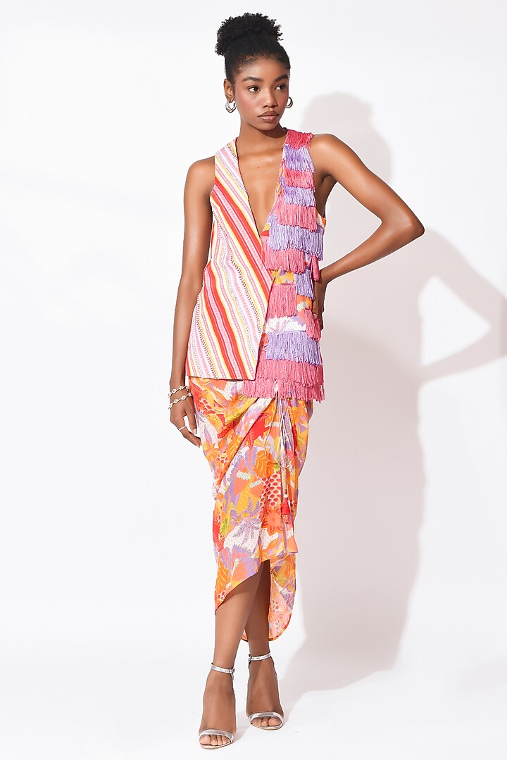 Lavender & Orange Crepe Draped Skirt Set by Rishi & Vibhuti at Pernia's Pop Up Shop