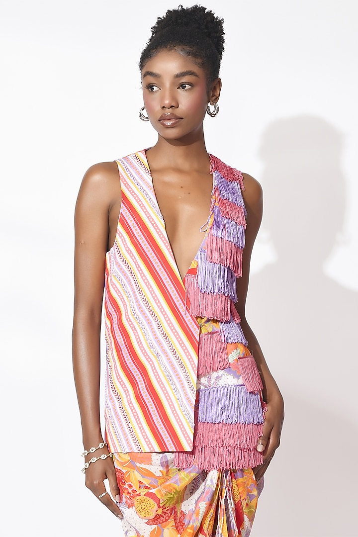 Lavender & Orange Crepe Draped Skirt Set by Rishi & Vibhuti at Pernia's Pop Up Shop