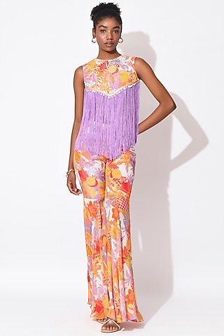 Lavender & Orange Crepe Pant Set by Rishi & Vibhuti