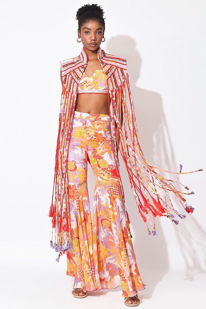 Lavender & Orange Crepe Hand Embellished Jacket Set by Rishi & Vibhuti at Pernia's Pop Up Shop