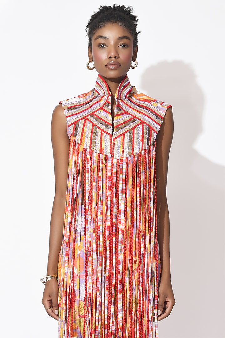 Lavender & Orange Crepe Hand Embellished Jacket Set by Rishi & Vibhuti at Pernia's Pop Up Shop