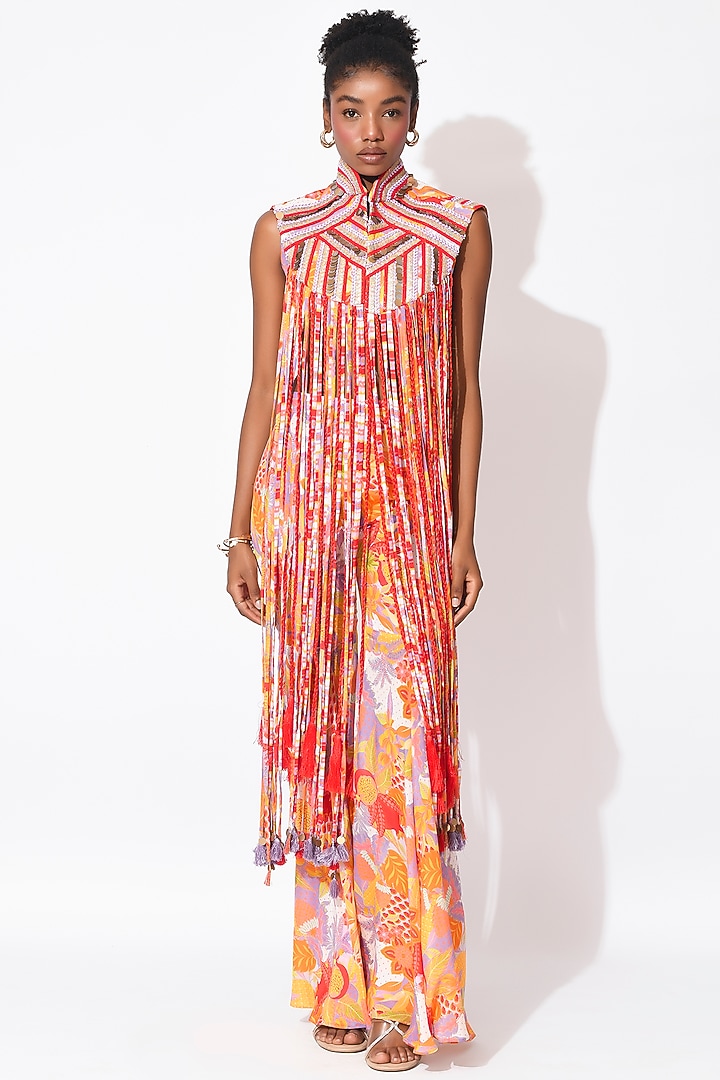 Lavender & Orange Crepe Hand Embellished Jacket Set by Rishi & Vibhuti at Pernia's Pop Up Shop