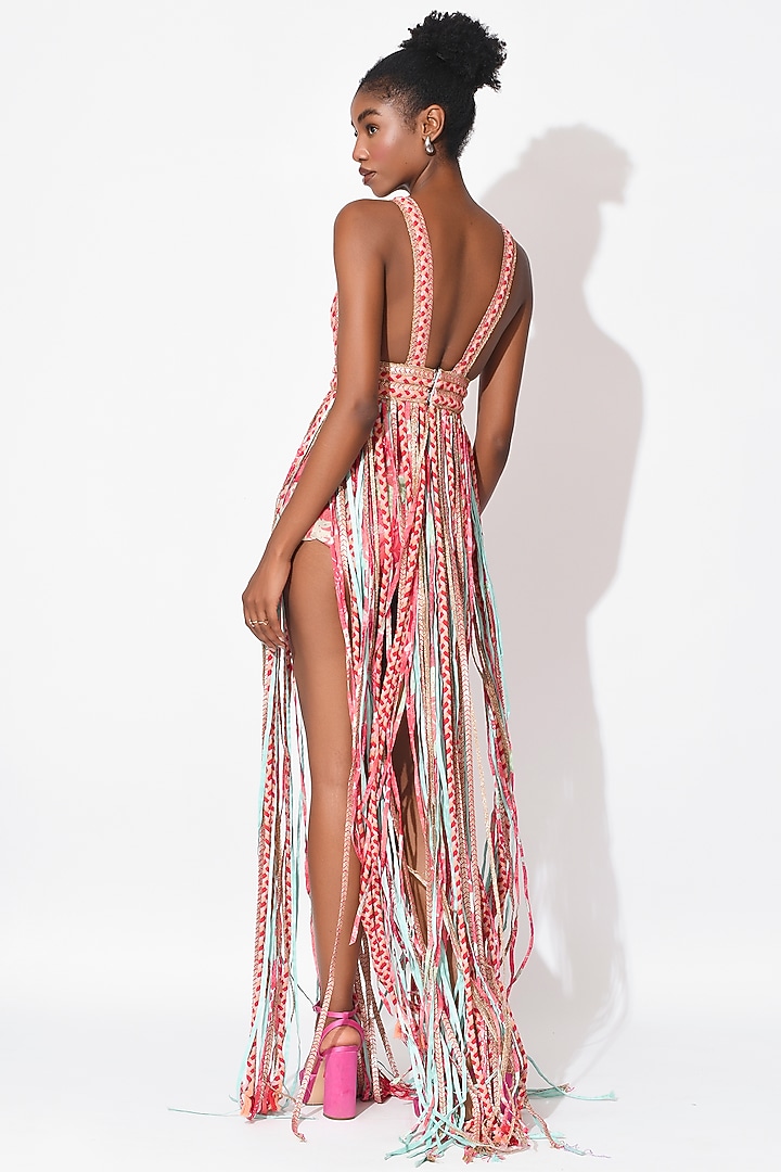 Mint-Rose Crepe Cutwork Cocktail Dress With Shorts by Rishi & Vibhuti at Pernia's Pop Up Shop