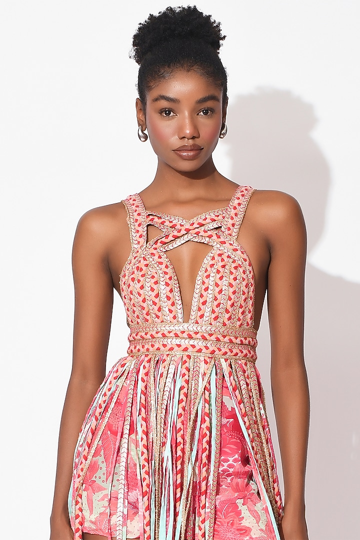 Mint-Rose Crepe Cutwork Cocktail Dress With Shorts by Rishi & Vibhuti at Pernia's Pop Up Shop