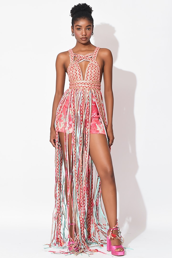 Mint-Rose Crepe Cutwork Cocktail Dress With Shorts by Rishi & Vibhuti at Pernia's Pop Up Shop