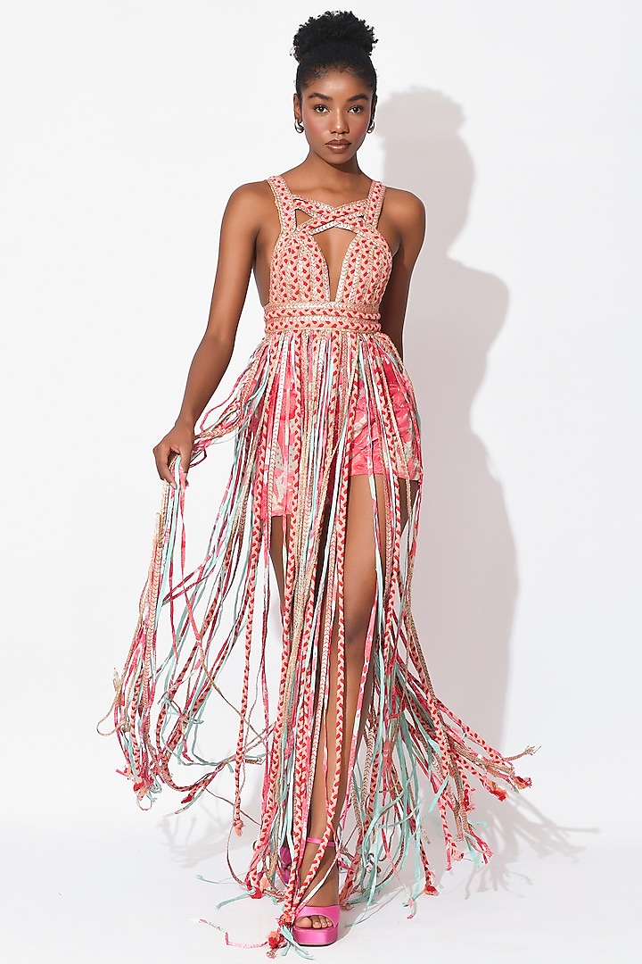 Mint-Rose Crepe Cutwork Cocktail Dress With Shorts by Rishi & Vibhuti at Pernia's Pop Up Shop