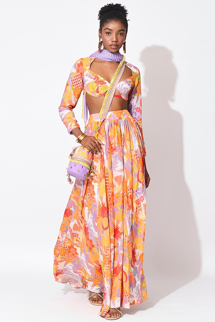 Lavender & Orange Organza Cutwork Skirt Set by Rishi & Vibhuti at Pernia's Pop Up Shop