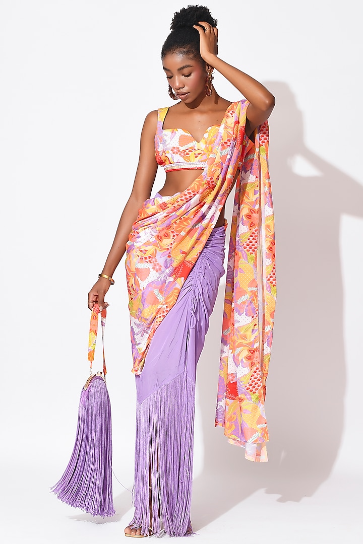 Lavender & Orange Crepe Cutwork Saree Set by Rishi & Vibhuti at Pernia's Pop Up Shop