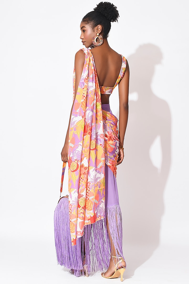 Lavender & Orange Crepe Cutwork Wedding Saree Set by Rishi & Vibhuti at Pernia's Pop Up Shop