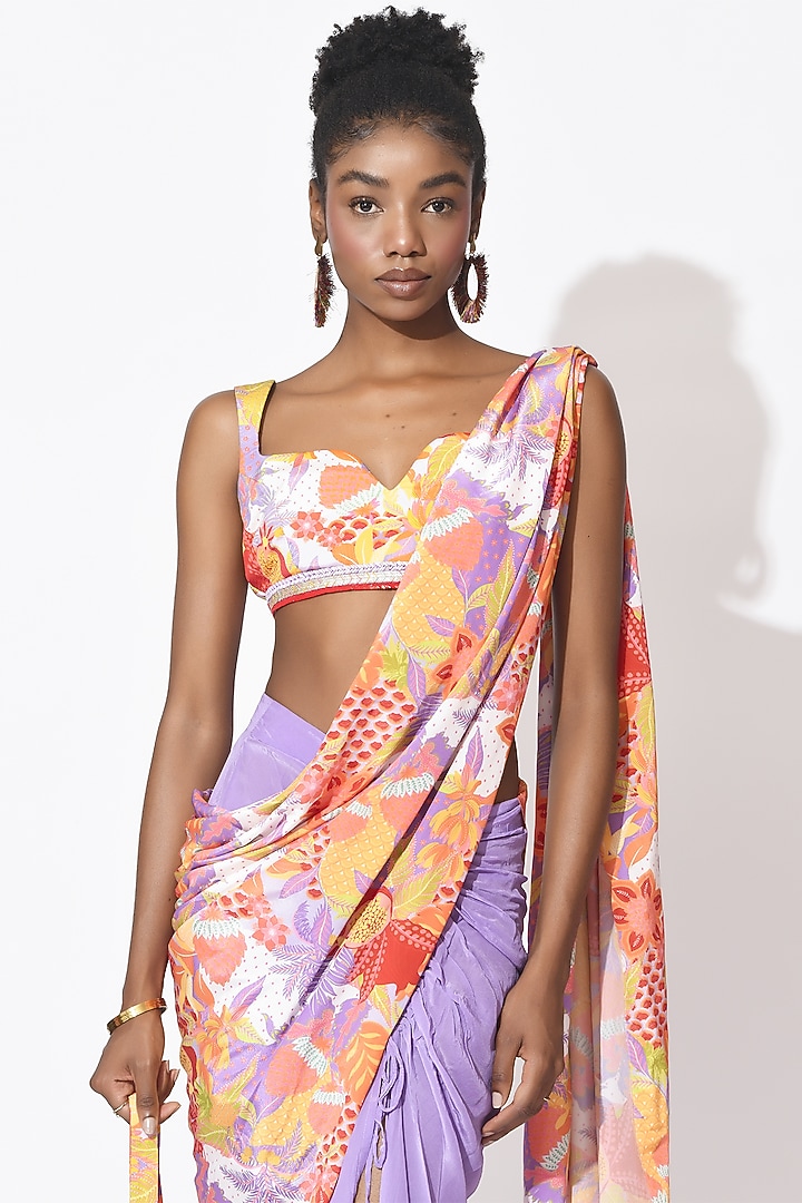 Lavender & Orange Crepe Cutwork Wedding Saree Set by Rishi & Vibhuti at Pernia's Pop Up Shop