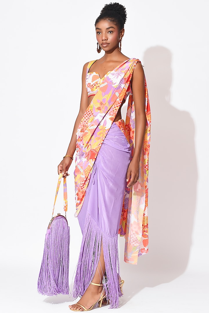 Lavender & Orange Crepe Cutwork Wedding Saree Set by Rishi & Vibhuti at Pernia's Pop Up Shop