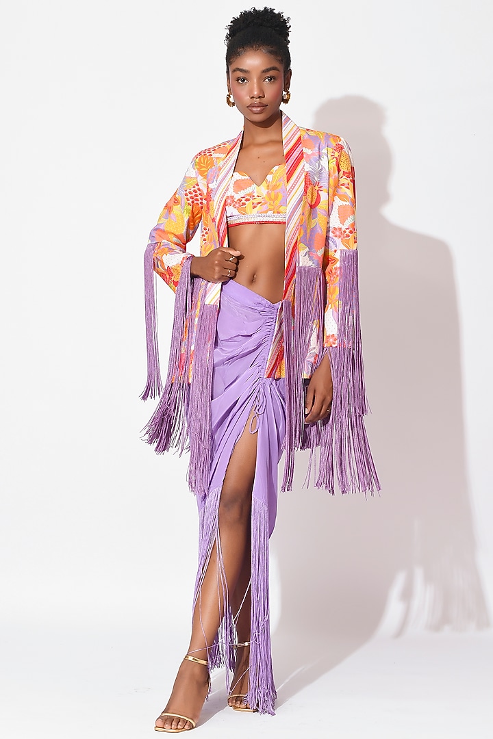 Lavender & Orange Crepe Cutwork Jacket Set by Rishi & Vibhuti at Pernia's Pop Up Shop