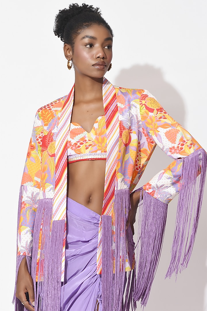 Lavender & Orange Crepe Cutwork Jacket Set by Rishi & Vibhuti at Pernia's Pop Up Shop