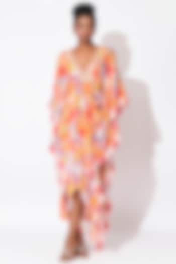 Lavender & Orange Crepe Cutwork Kaftan by Rishi & Vibhuti at Pernia's Pop Up Shop