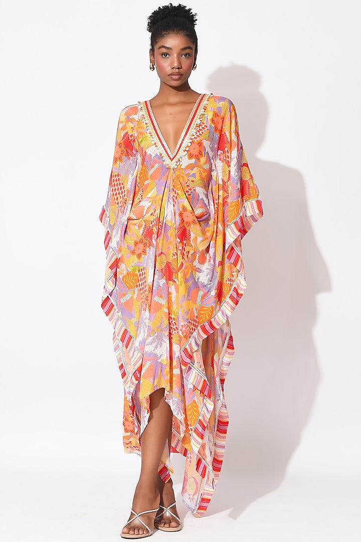 Lavender & Orange Crepe Cutwork Kaftan by Rishi & Vibhuti at Pernia's Pop Up Shop