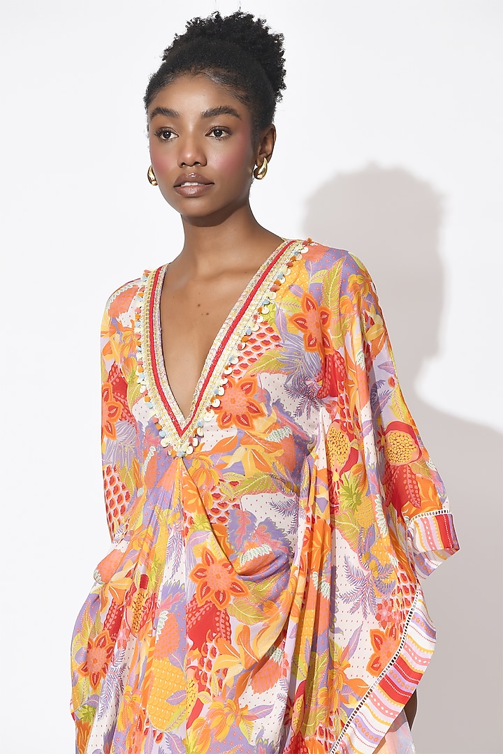 Lavender & Orange Crepe Cutwork Kaftan by Rishi & Vibhuti at Pernia's Pop Up Shop