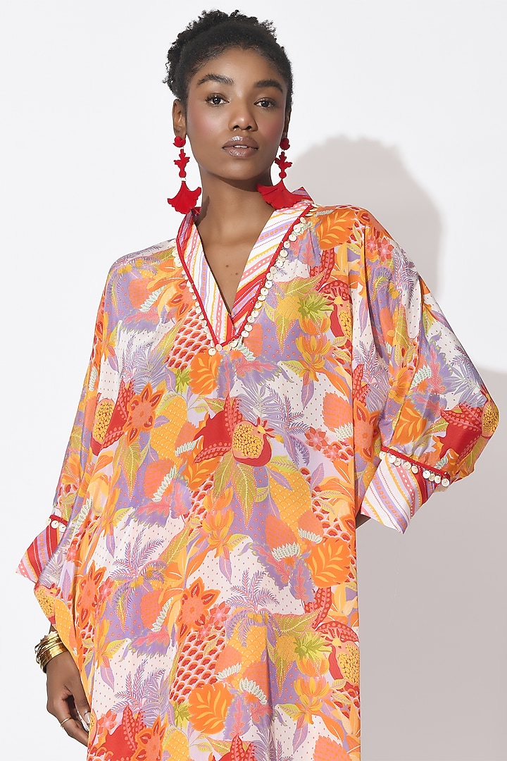 Lavender & Orange Crepe Cutwork Kaftan Set by Rishi & Vibhuti at Pernia's Pop Up Shop