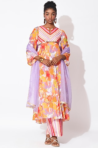 Lavender & Orange Organza Cutwork Anarkali Set by Rishi & Vibhuti