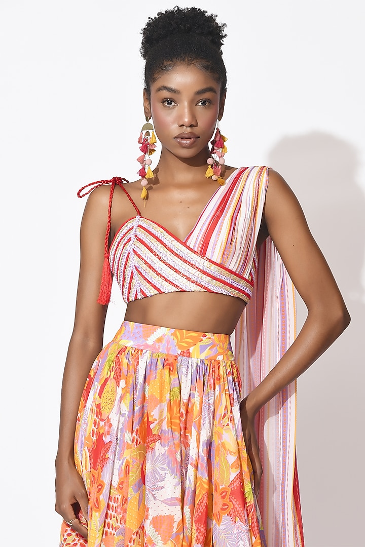 Lavender & Orange Crepe Cutwork Skirt Set by Rishi & Vibhuti at Pernia's Pop Up Shop