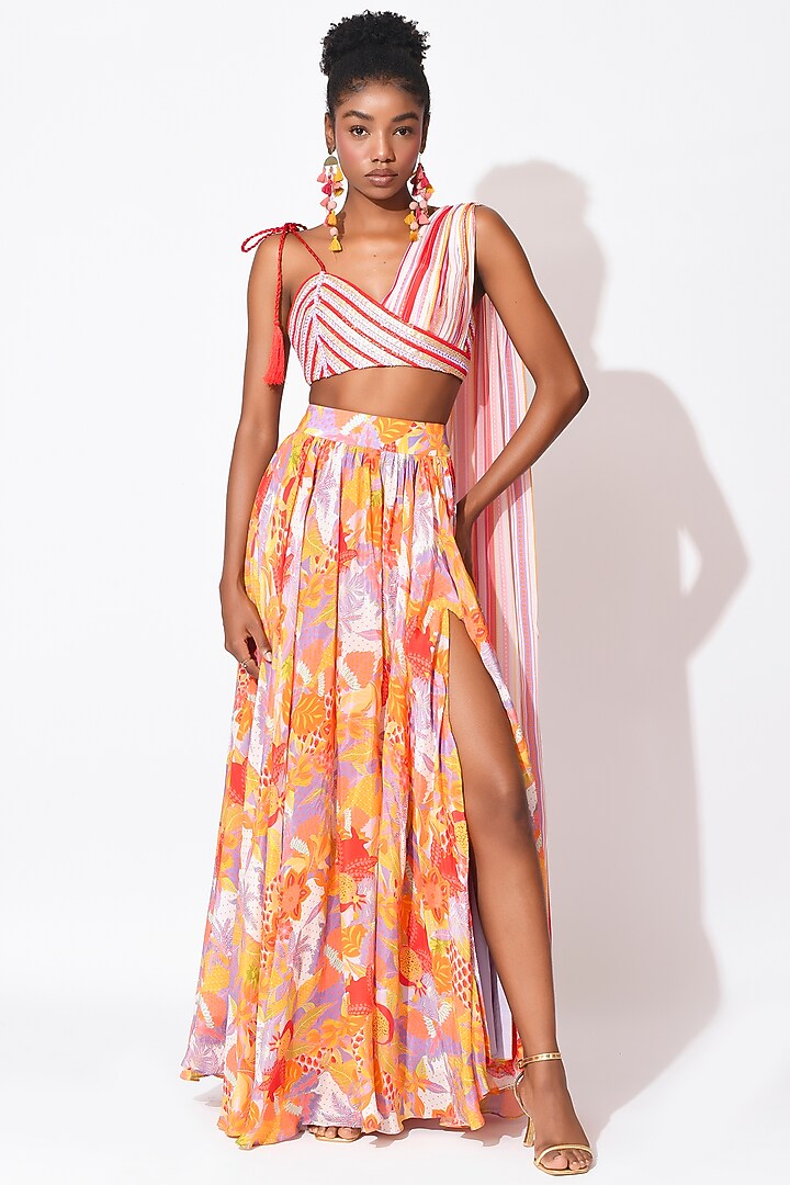 Lavender & Orange Crepe Cutwork Skirt Set by Rishi & Vibhuti at Pernia's Pop Up Shop