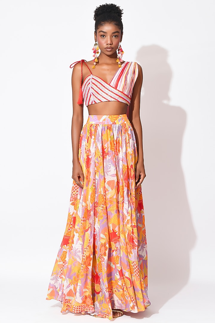Lavender & Orange Crepe Cutwork Skirt Set by Rishi & Vibhuti at Pernia's Pop Up Shop