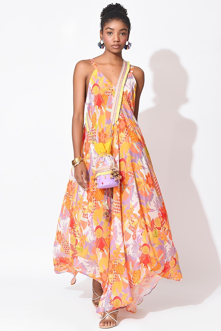 Lavender & Orange Crepe Maxi Dress With Potli Bag by Rishi & Vibhuti at Pernia's Pop Up Shop