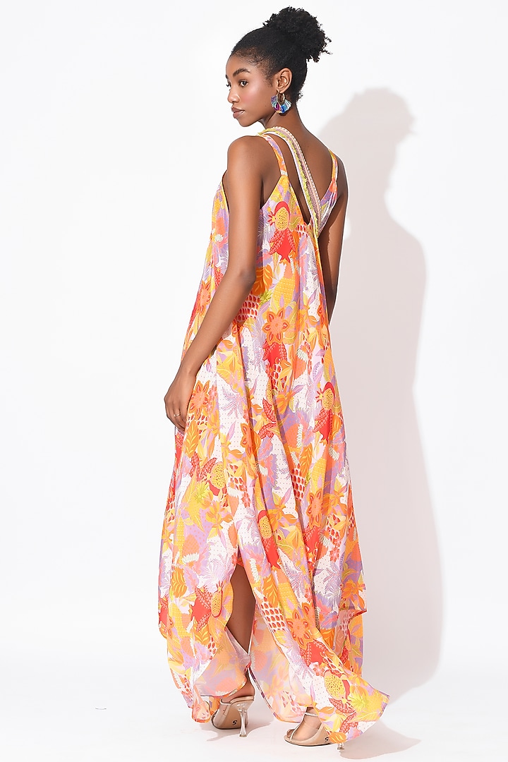 Lavender & Orange Crepe Maxi Vacation Dress With Potli Bag by Rishi & Vibhuti at Pernia's Pop Up Shop