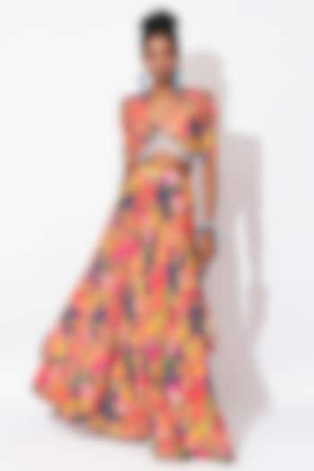 Electric Blue & Ochre Crepe Cutwork Skirt Set by Rishi & Vibhuti at Pernia's Pop Up Shop