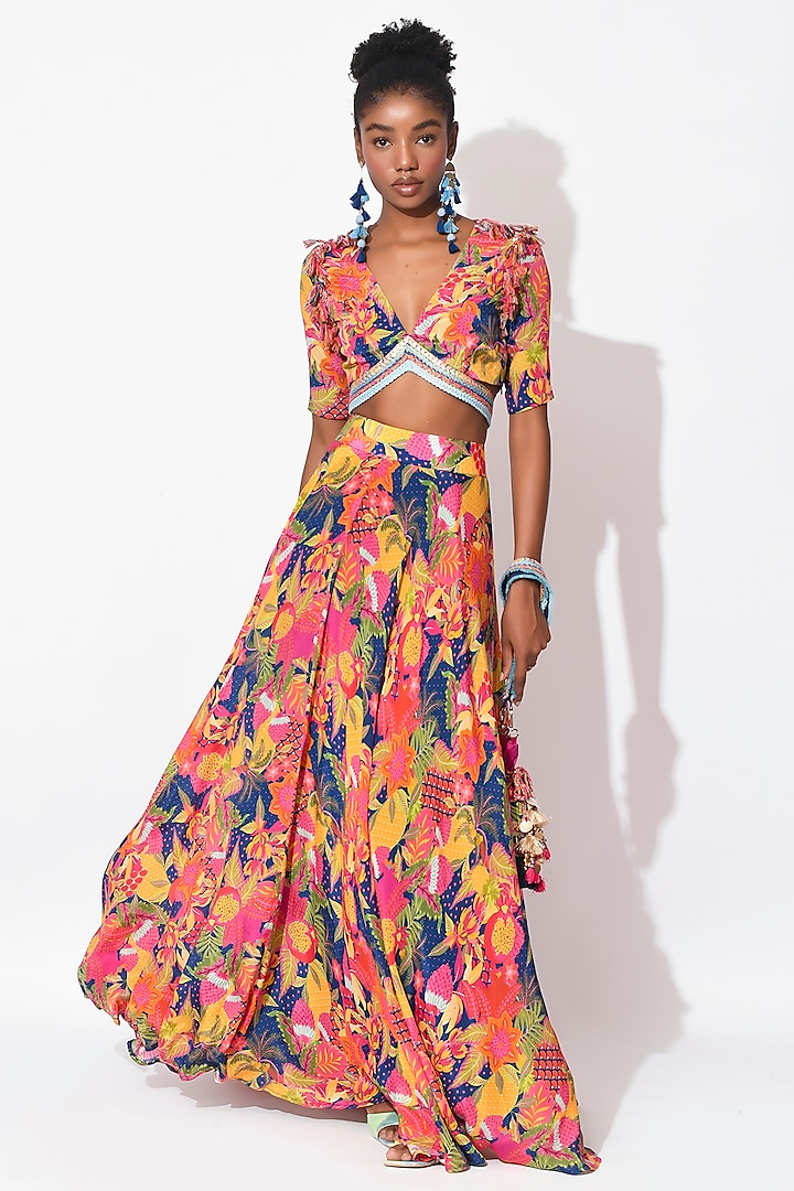 Electric Blue & Ochre Crepe Cutwork Skirt Set by Rishi & Vibhuti at Pernia's Pop Up Shop