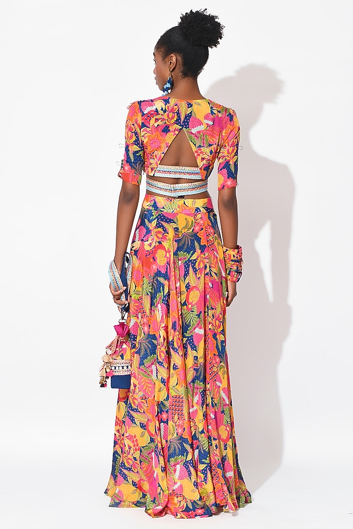 Electric Blue & Ochre Crepe Cutwork Skirt Set by Rishi & Vibhuti at Pernia's Pop Up Shop