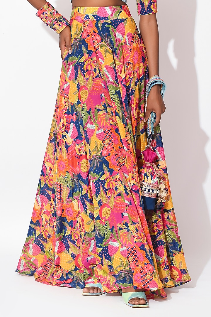 Electric Blue & Ochre Crepe Cutwork Skirt Set by Rishi & Vibhuti at Pernia's Pop Up Shop