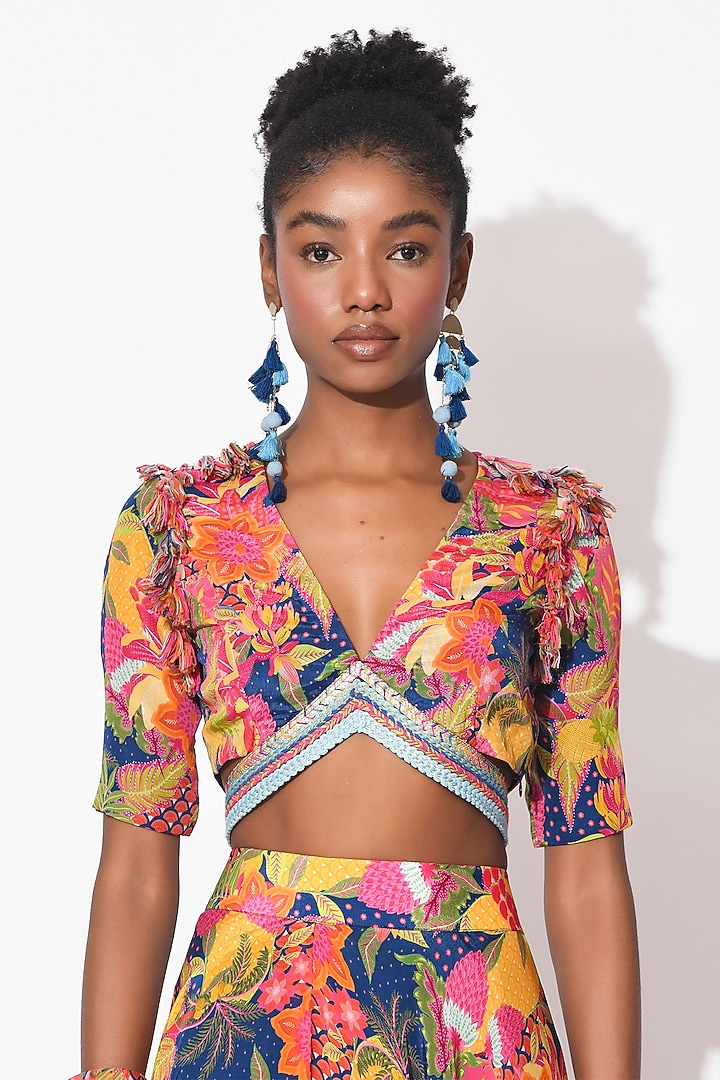 Electric Blue & Ochre Crepe Cutwork Skirt Set by Rishi & Vibhuti at Pernia's Pop Up Shop